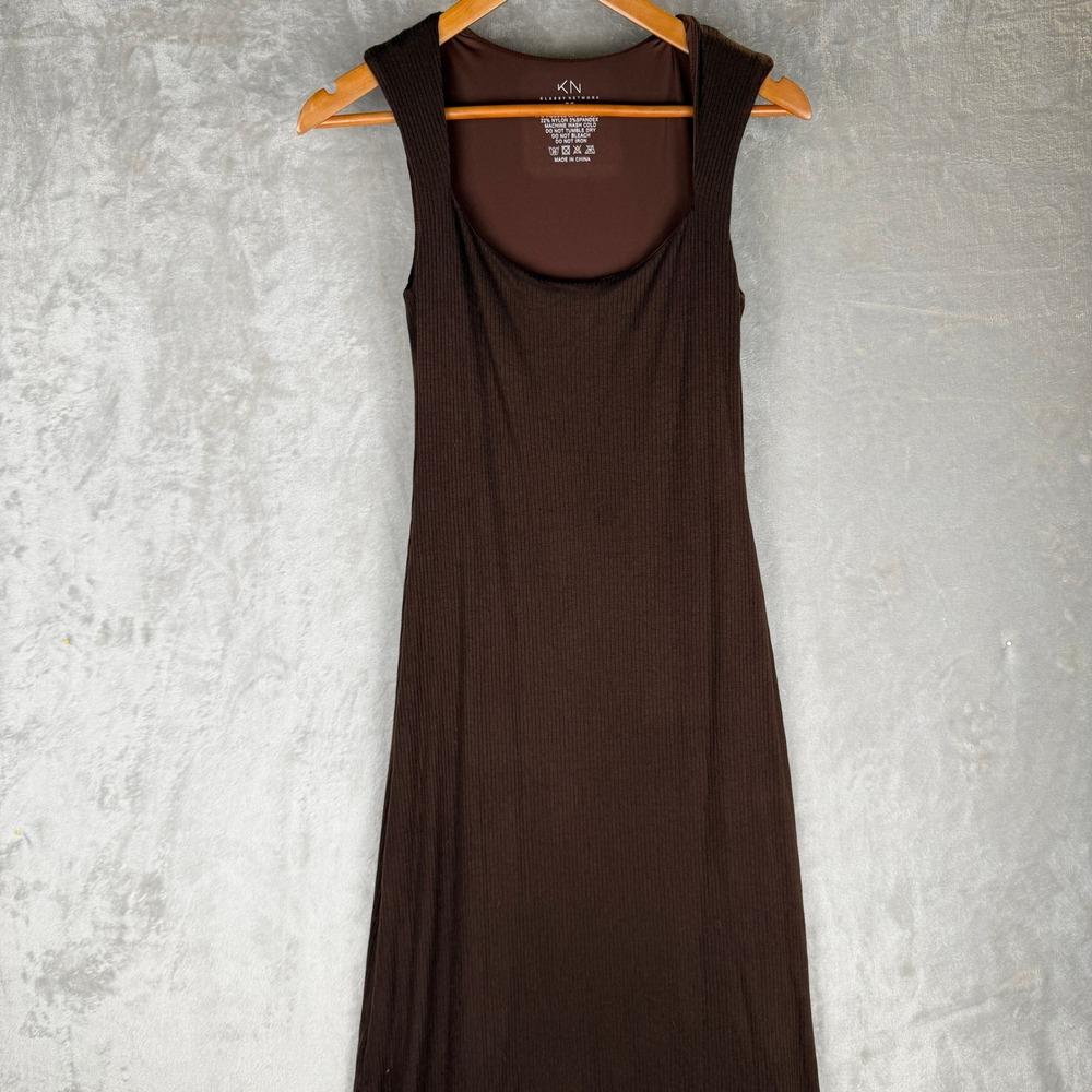 Klassy Network‎ Brown Ribbed Maxi Dress lined sleeveless Size M Side Slit